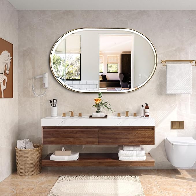 POZINO Oblong Beveled Mirror, 48"x28" Modern Bathroom Vanity Mirror Over Sink, Pill Shaped Capsule Wall Mounted Mirrors for Living Room Bedroom Entryway, Hangs Vertically or Horizontally