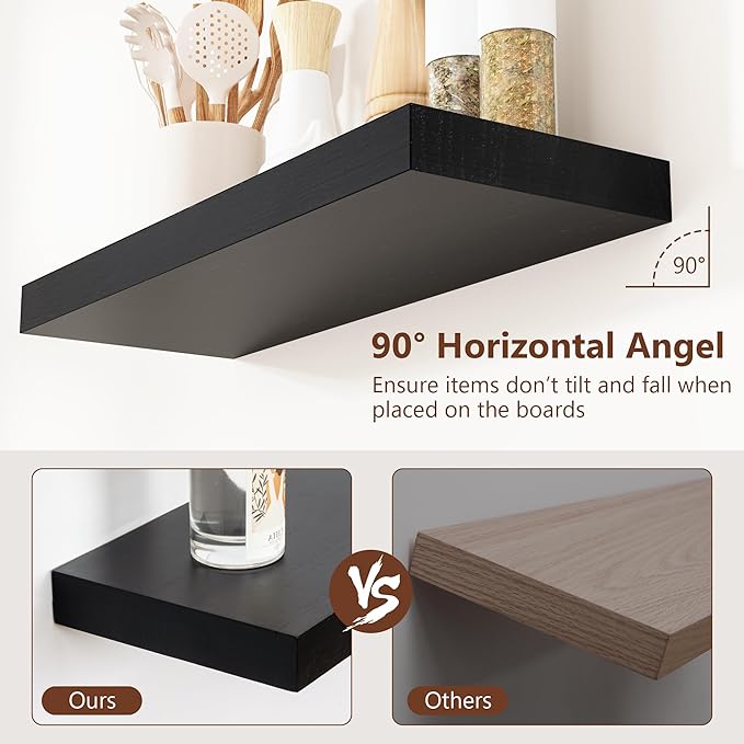 fuqing Floating Shelves for Wall - Black Wood Wall Shelves Set of 3 - Modern Style Wooden Shelves for Room Decor & Storage