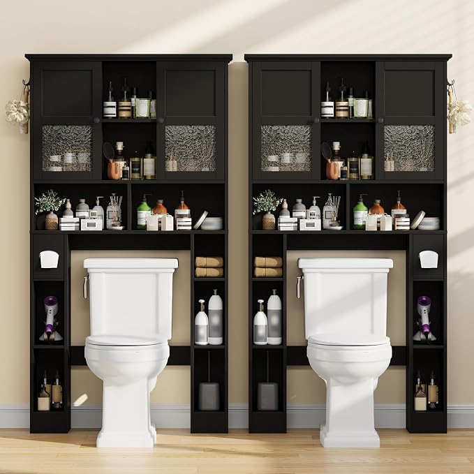 Over The Toilet Storage Cabinet, Bathroom Shelf Over Toilet with Hammered Grain Glass Doors and Adjustable Shelves, Freestanding Home Space Save Toilet Rack for Restroom, Bathroom, Laundry (Black)