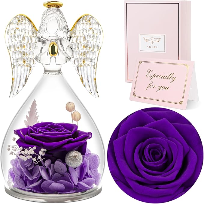 Sunia Preserved Flower Rose Gift for Women - Mother's Day Birthday Gifts for Mom Wife Grandma, Glass Angel Figurines Forever Real Roses Gifts for Her Valentine Day Thanksgiving (Purple)