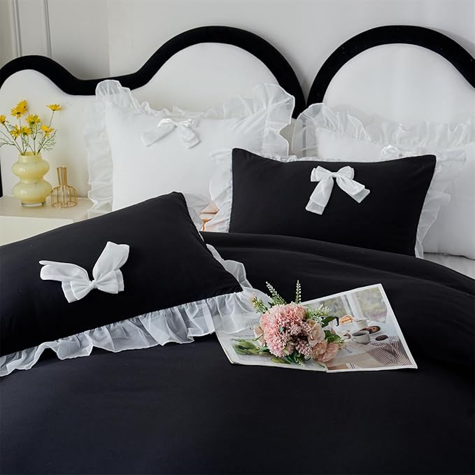 Girls Lace Bedding,Queen Comforter Cover Set, Chic Ruffled Duvet Cover with Lovely Bow,Princess Style 1 Duvet Cover with 2 Pillowcases, No Comforter-Black,Queen Size