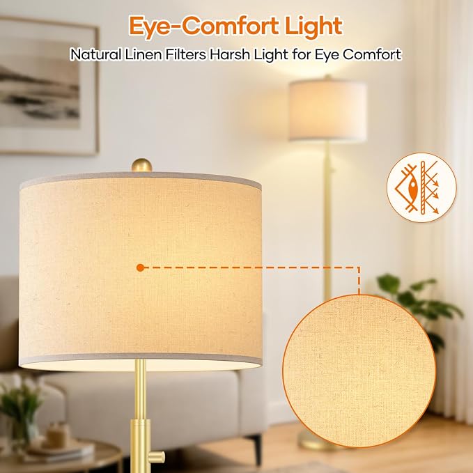 Nintiue 【Upgraded】 Dimmable Floor Lamp for Living Room, 11W LED Bulb Included, Modern Standing Lamp, Tall Pole Light with Linen Shade for Bedroom Reading Office Corner Nursery-Gold