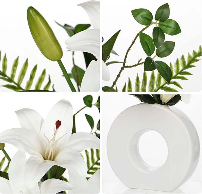 Artificial Flowers in Vase 13" Realistic Fake Lilies Flowers with 3 Heads Full Bloom Tiger Lily Floral Arrangement White Faux Flowers for Vase Table Centerpieces Home Wedding Bathroom Office Decor
