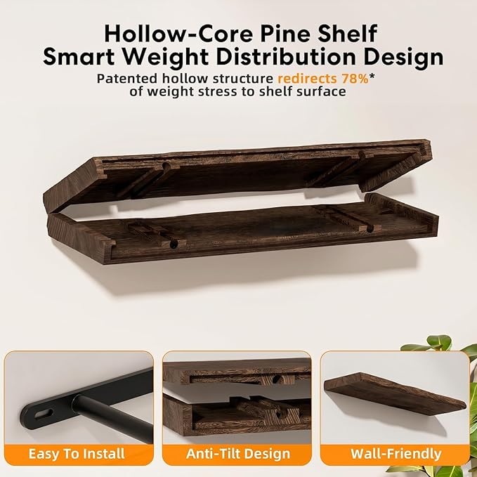 Solid Wood Live Edge Floating Shelves Set of 2 – 36" Rustic Wall Shelf with Hidden Bracket System, Wall Mounted Shelves for Bathroom, Kitchen, Living Room, Bedroom (Charcoal Brown)