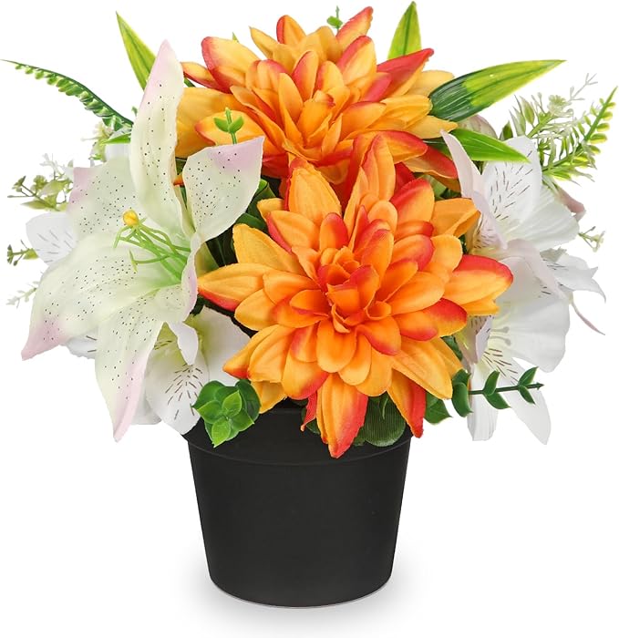 Orange Artificial Flowers Small Fake Flowers in Vase Peonies Dahlia Tiger Lily Potted Silk Flower Arrangements Faux Plants & Flowers Home Bathroom Kitchen Table Centerpieces Desk Decor