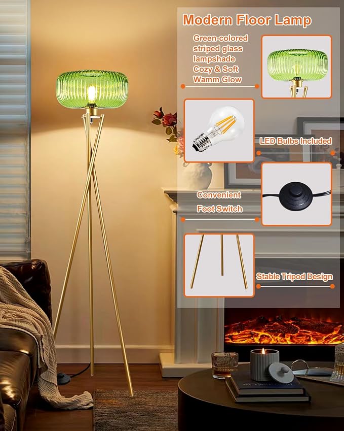 Lightdot Glass Tripod Floor Lamp for Living Room, Modern Gold Standing Lamp with Green Ribbed Glass Lampshade, Arc Tall Lamp for Bedroom Office Reading Room/Sofa Beside/Corner Decor (Bulb Included)