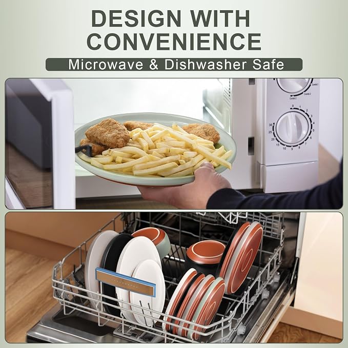 E-far 24-Piece Stoneware Dinnerware Sets, Plates and Bowls Sets for 8, Ceramic Dishware Dishes Set with Terracotta Base, Chip & Scratch Resistant, Microwave & Dishwasher Safe, Speckled Green