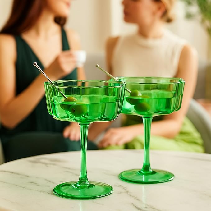 Flower Scalloped Vintage Wavy Petals Wave Glass Coupes 7oz Colorful Martini, Champagne & Cocktails, 2 Sage Green Set Amber Rippled Champagne Glasses, Elegant Bar Glassware, Aesthetic Coupe Glassware