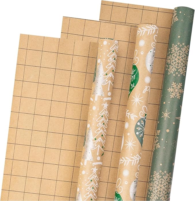LeZakaa Christmas Kraft Wrapping Paper Roll, Brown Gift Wrap with Green & White Holiday Designs, Trees, Ornaments & Snowflakes Pattern for Christmas Presents, Arts Crafts, 17 x 120 inches, 3 Rolls