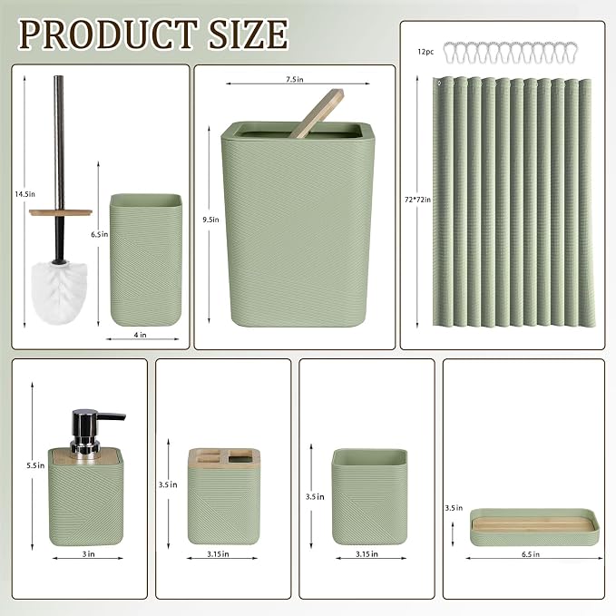 CERBIOR Bathroom Accessory Set with Shower Curtain, Includes Shower Curtain,Soap Dispenser, Toothbrush Holder, Toothbrush Cup, Soap Dish for Decorative Countertop and Housewarming Gift,Green,20PC