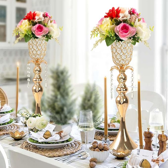 2Pcs Gold Crystal Metal Vase Set - Tulip & Trumpet Wedding Centerpieces, Artificial Flower Arrangement Vases for Home Decor, Restaurant Table Displays
