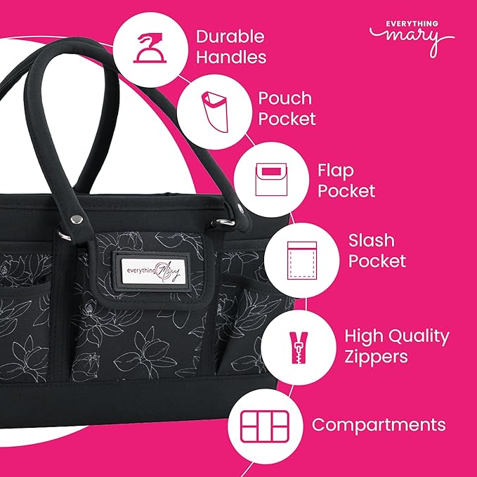 Everything Mary Deluxe Store & Tote Organizer – Black & White Floral Craft Bag with Handle – Collapsible Storage for Scrapbooking, Sewing, DIY Tools & Art Supplies