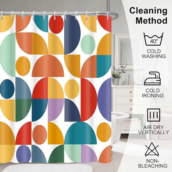 Colorful Rainbow Geometric Shower Curtain Mid Century Modern Abstract Art Bathroom Curtain Decor 72x72 Inch Washable Fabric Bright Boho Circle Patterned Bath Curtain with 12 Hooks