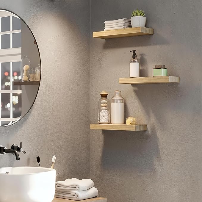 HOOBRO Floating Shelves for Wall, Wall Mounted Shelf Set of 2, 15.7" Hanging Shelf with Invisible Brackets, for Wall Decor Storage in Bathroom Bedroom Kitchen Living Room Office, Natural NL40BJ01