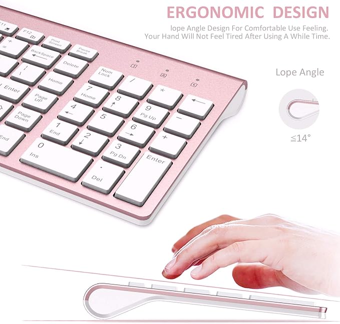 FENIFOX Keyboard and Mouse Wireless, USB 2.4GHz Combo Silent Quiet Low Profile Compact Full Size Flat Slim Thin Portable with Number Pad Soft Cover for PC Laptop Computer Office - Pink & Rose Gold