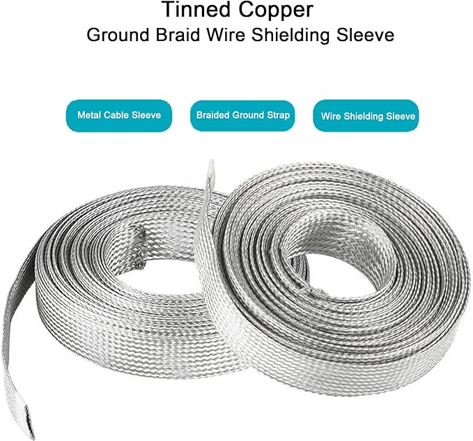 Tinned Copper Braided Cable Shielding Sleeve Metal Wire Loom Sheathing EMI RFI ESD Protector Grounding Mesh Flat Tubular Expandable 11/16" W(0.44" ID)-16FT
