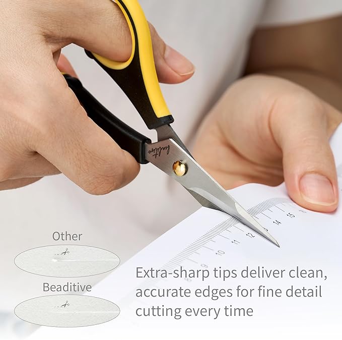 Beaditive Precision Craft Scissors - Stainless Steel Blades With Safety Cap - Ultra Sharp Tip & Non-Slip TPR Handles - For Adult & Kid Paper Crafting, Scrapbooking, Home, Office, and School Use