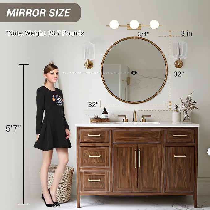 ANDY STAR Hand-Forged Round Gold Mirrors, 32 Inch Antique Brass Hammered Round Bathroom Mirror for Over Sink, for Vanity, Living Room, Vintage, Farmhouse, Rustic, Solid Steel Metal Frame