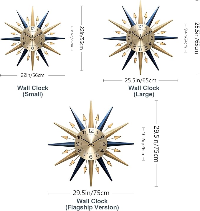 Starburst Large Wall Clock,Mid Century Decorative Wall Clock Modern Silent Clock Battery Operated for Living Room/Kitchen/Entryway/Bedroom/Office/Dinning Room Metal Wall Decor