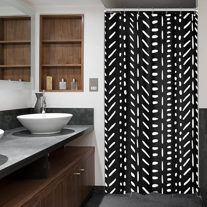 Riyidecor Stall Small Black White Boho Half Size Dorm Shower Curtain 36x72 Inch Chevron Geometric Herringbone Striped Single Narrow Tiny Walkin Stand Up Decor Fabric Bathroom Set Polyester Waterproof