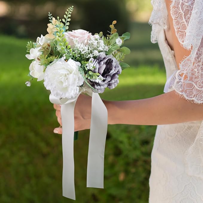 Wedding Bouquets for Bride, Purple & Ivory & Pink Bridal Bridesmaid Wedding Flowers, Artificial Toss Rose for Civil Ceremony, Multicolor, Home Decor