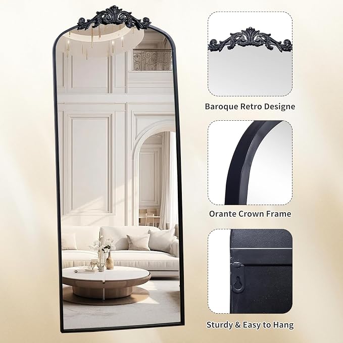 71" x 30" Black Arch Full Length Mirror, Gothic Ornate Baroque Floor Mirror with Decorative Crown, Large Arched Wall Mounted Dressing Mirror for Bedroom, Living Room, Entryway