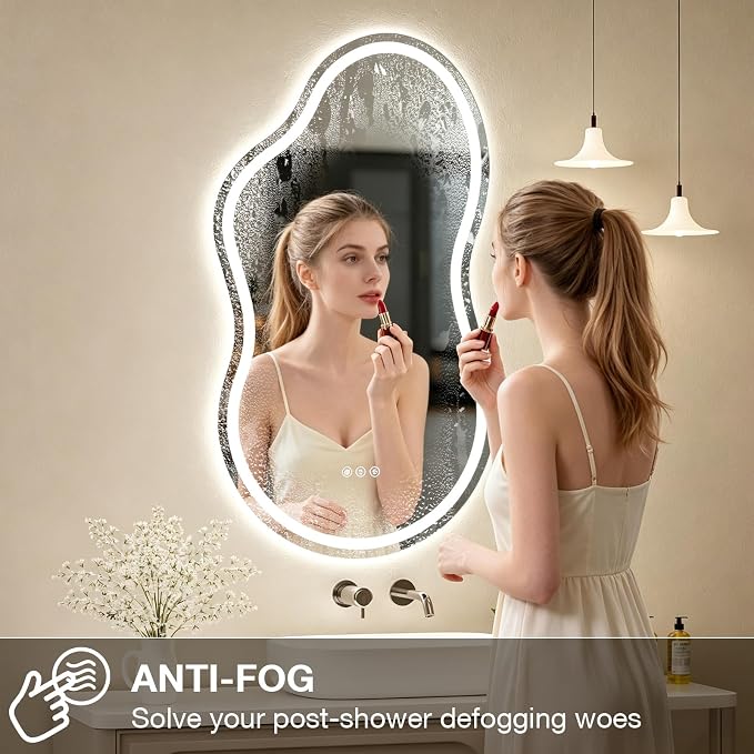 Cloud Shape Asymmetrical LED Vanity Mirror with Lights, 36"x20" Fogless Lighted Bathroom Mirror, 4mm Tempered Glass, Dimmable 3-Color & Memory Function, Wall Mounted (Horizontal/Vertical)