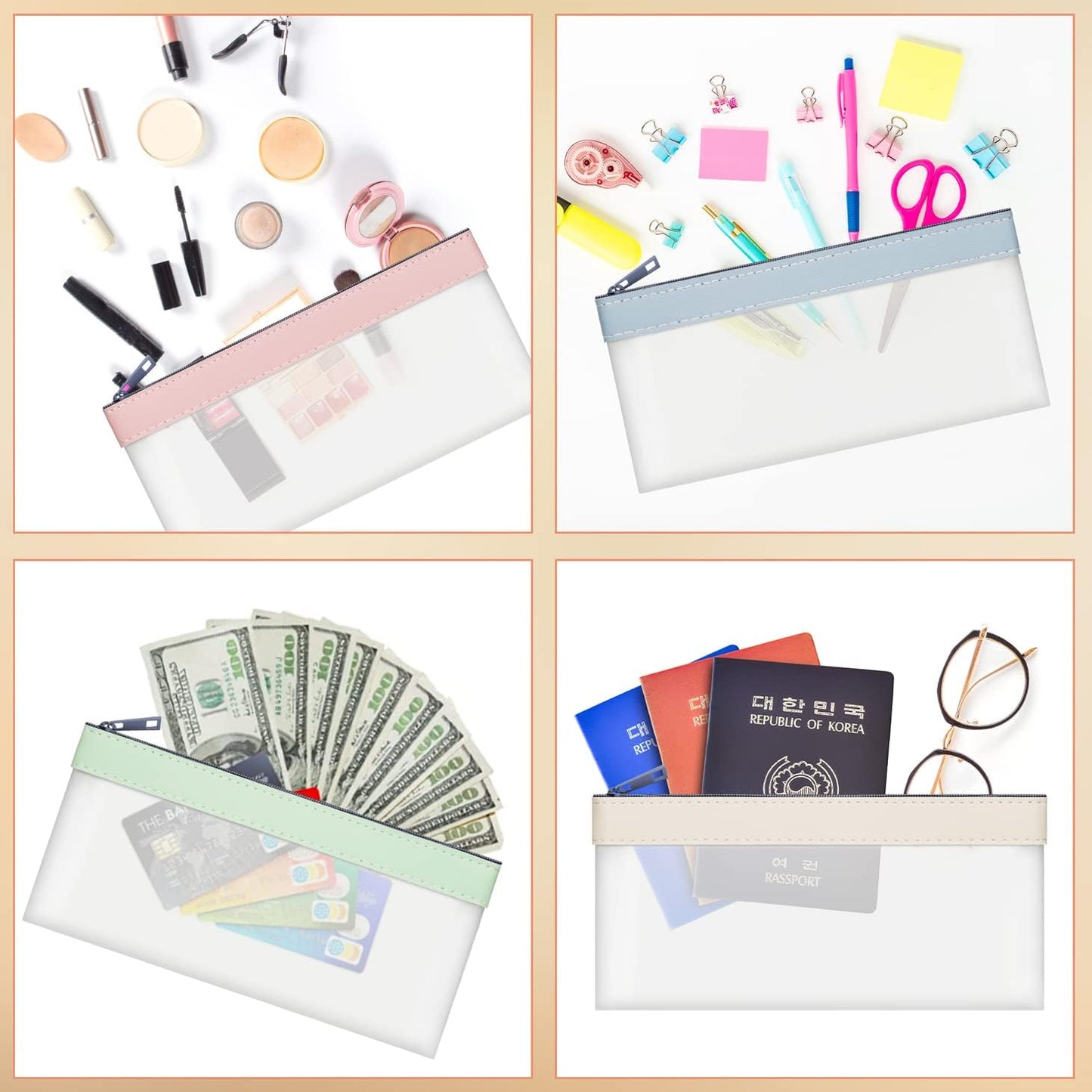 VOCHIC 4-Piece Money Bag Set - Multi-Purpose Zipper Envelopes for Cash, Coins & Bills | 7.6 x 3.7 Inch
