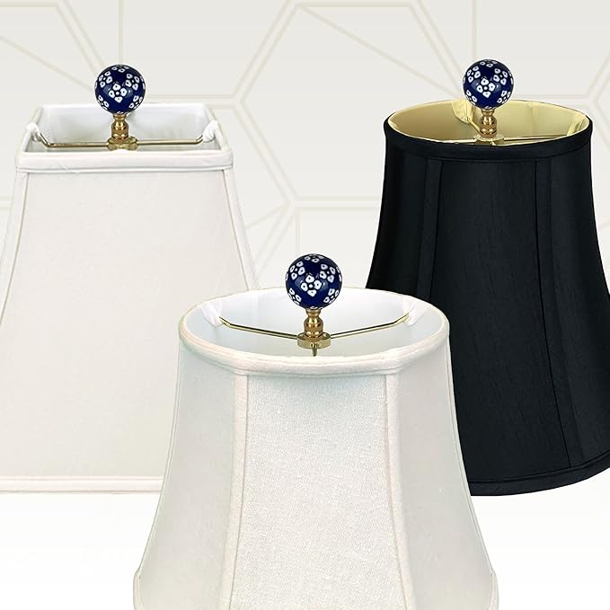 Royal Designs, Inc. Blue Porcelain Ball with White Ornament Design Finial for Lamp Shade, Polished Brass