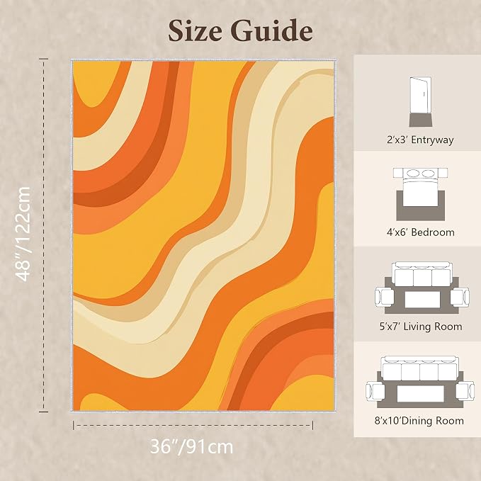 Sunset Flow Area Rug 3x4, Modern Abstract Wave Rug, Retro Orange Neutral Carpet for Living Room Bedroom, Soft Non Slip Washable Rug