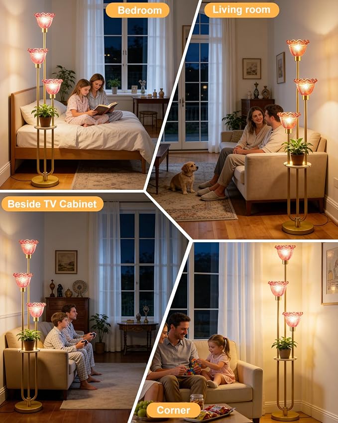 Lightdot Glass Floor Lamp for Living Room Gold Floor Lamp with Rose Red Glass Shade & 3000K Bulbs Included Modern Tall Standing Lamp with 5Lbs Heavy Base for Bedroom/Sofa Beside/Corner Decor