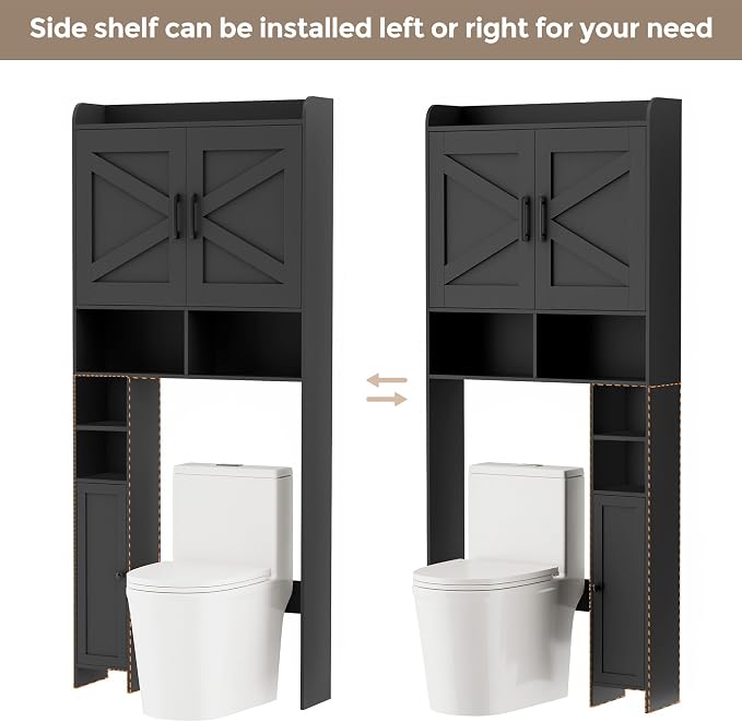 Homhedy Over The Toilet Storage Cabinet with 2 Barn Door and Toilet Paper Holder Stand, FreeStanding Toilet Shelf Space Saver, for Bathroom, Restroom, Laundry, Black