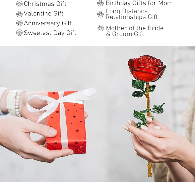 HDCRYSTALGIFTS 9.5'' Crystal Rose Flower Glass Pink and Rose Red Flower with Green Leaves for Wedding Anniversary/Wife, Romantic Forever Valentine's Gifts for Her (Pack of 2)