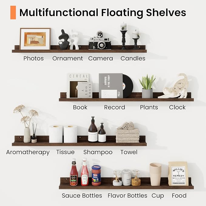 RICHFOCUS Picture Ledge Shelf, 40 inch Floating Shelves Set of 2, Wood Wall Shelves with Lip, Wall Decor Storage for Bedroom Living Room Bathroom Kitchen Nursery Photo Picture, Walnut