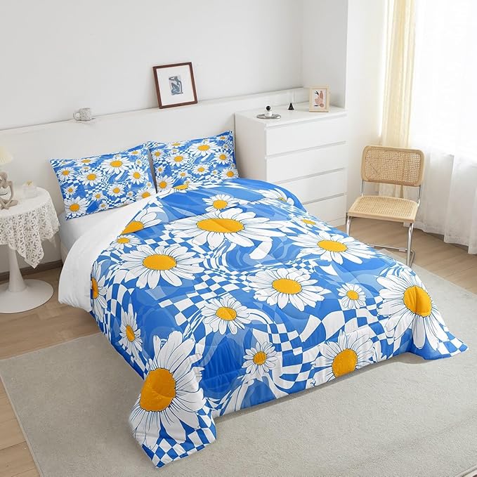 Castle Fairy Kids Abstract Bedding Comforters King Size,White Daisy Flowers Boys Girls Comforter Set Room Decor,Blue Zebra Stripes Geometric Plaid Modern 3pcs Bedding Set Chic Xmas Present