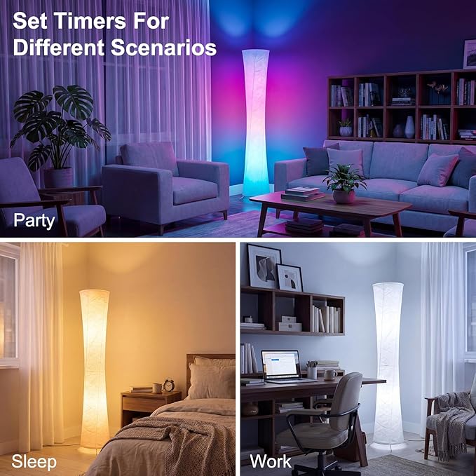 61'' Round Floor Lamp, RGB LED Corner Floor Lamp with Music Sync, 16W+ Colors & 3 Color Temperatures, APP & Remote Control, Modern Standing Lamp for Living Room Bedroom