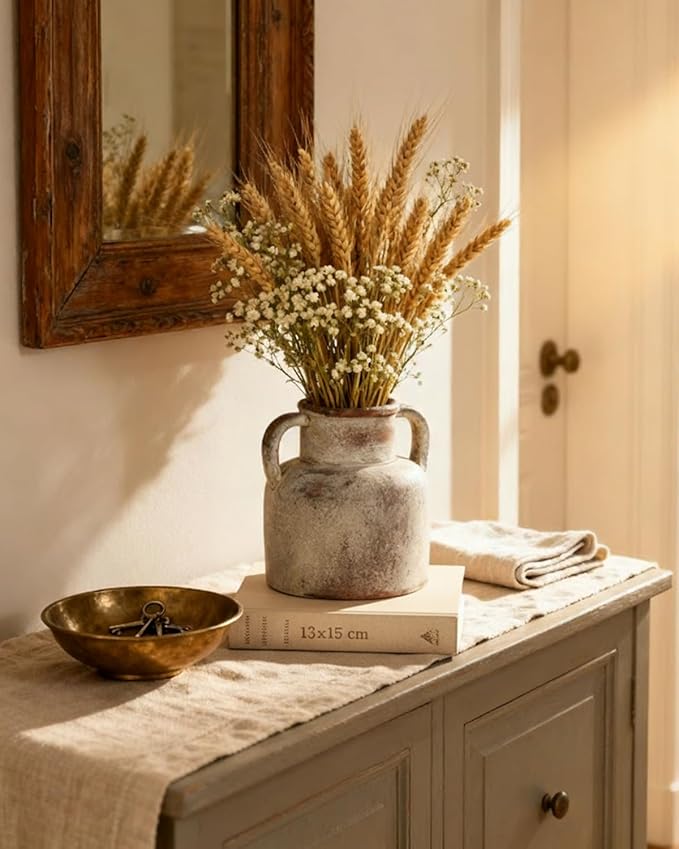 Ceramic Vase with Handles, 6.3 Inch Rustic Flower Vase, Farmhouse Table Decor, Distressed Terracotta Jug for Home Decor, Vintage Centerpieces for Tables, Shelf, Mantel, Living Room Decoration
