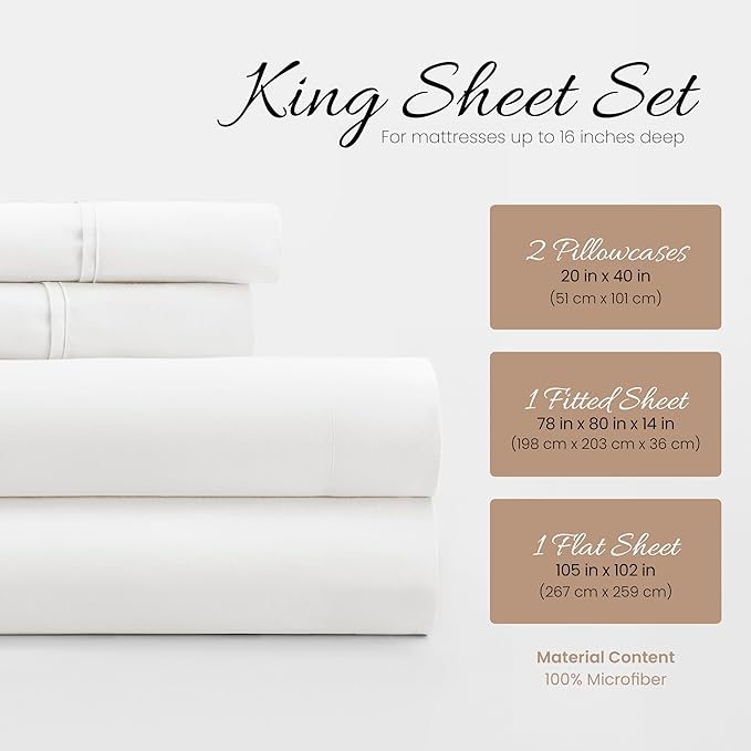Linen Market Brushed Microfiber King Sheet Set 4 Piece – Oeko-TEX Certified Ultra Soft & Wrinkle-Free - 16" Deep Pocket Sheets - Easy Care King Size - White