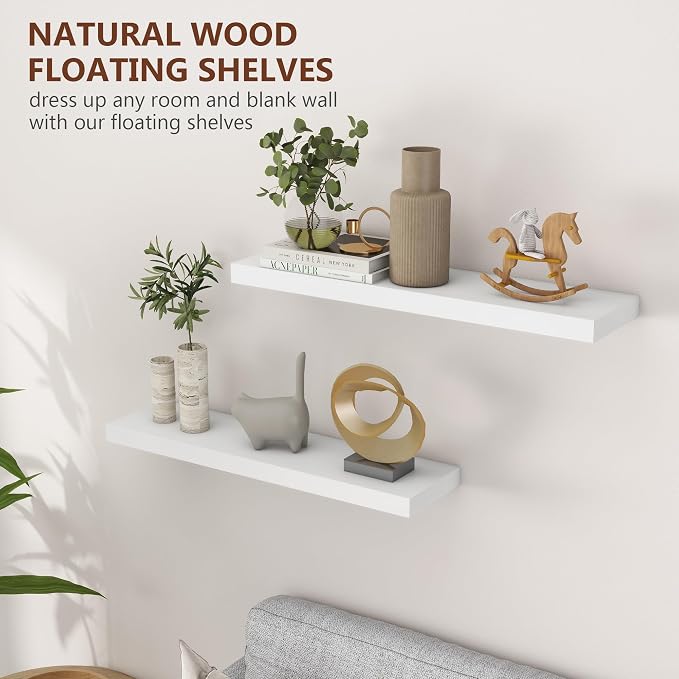 fuqing 30 Inch Floating Shelves for Wall, White Wood Floating Shelves Set of 2, 30'' Long Wooden Wall Shelves for Living Room Bedroom Bathroom Home Office - White