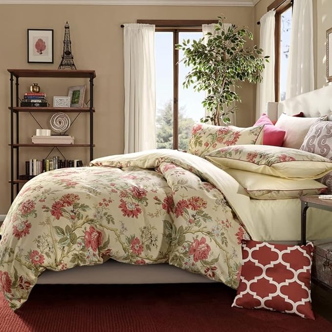 LifeTB Vintage Garden Style Duvet Cover King Red Flower Green Leaves Pattern Floral Duvet Cover Aesthetic Comforter Cover Soft Cotton Floral Bedding Set Botanical Garden Flower Duvet Cover King Size