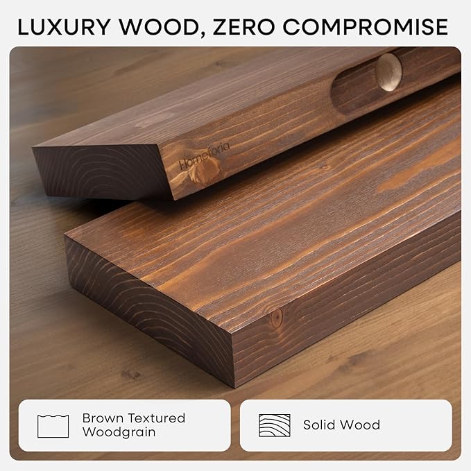 Homeforia Classic Walnut 30 inch Floating Shelf, High End Solid Real Wood Small 30inch Floating Shelves for Wall Mounted, 30in Floating Shelves, Heavy Duty Bracket, 30 X 6.5 X 1.75 inches, Set of 3