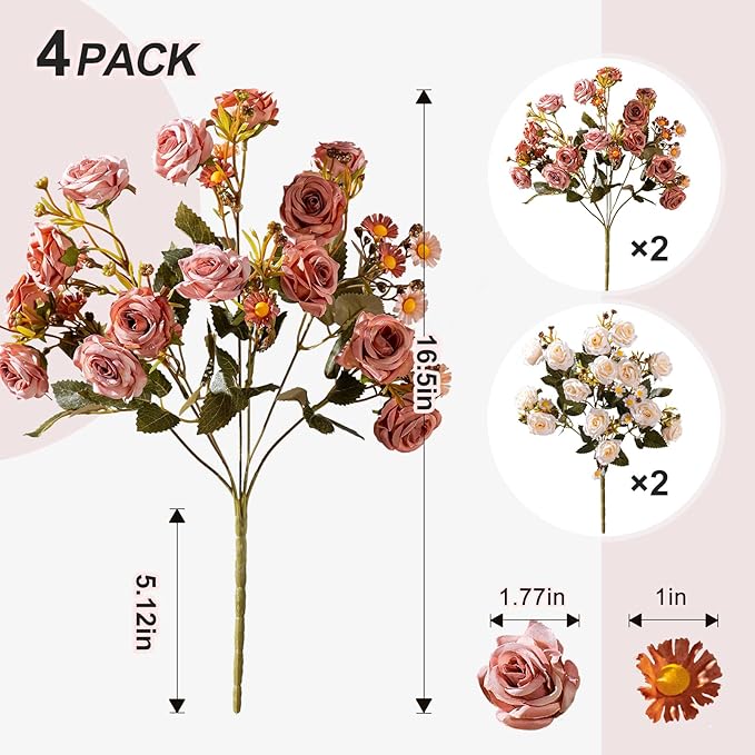 Artificial Rose Flowers for Outdoor 4 Bundles Rose Bouquet with Daisy Faux Flowers UV Resistant for Home Indoor Outside Garden Porch Window Box Balcony Yard Porch Fall Decor (White+Brown)