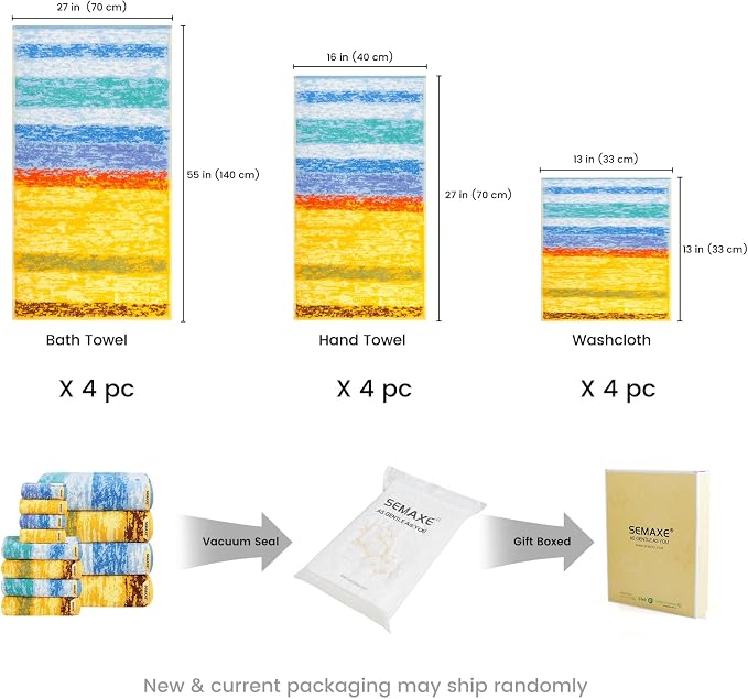 SEMAXE Bath Towel Set, 12 Piece Cotton Towel Set for Bathroom, More Towels for Family Use, Quick Dry with Hanging Loops, Easy Care, Colorful Striped