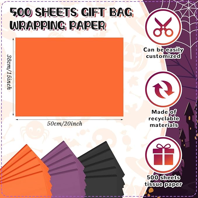 Qilery 500 Sheets Halloween Color Orange Black Tissue Paper Bulk for Gift Bags 15 x 20 Inch Acid Free Packaging Wrapping Decoupage Paper Sheets for Halloween Decor DIY Crafts, Costume Parties, Flower