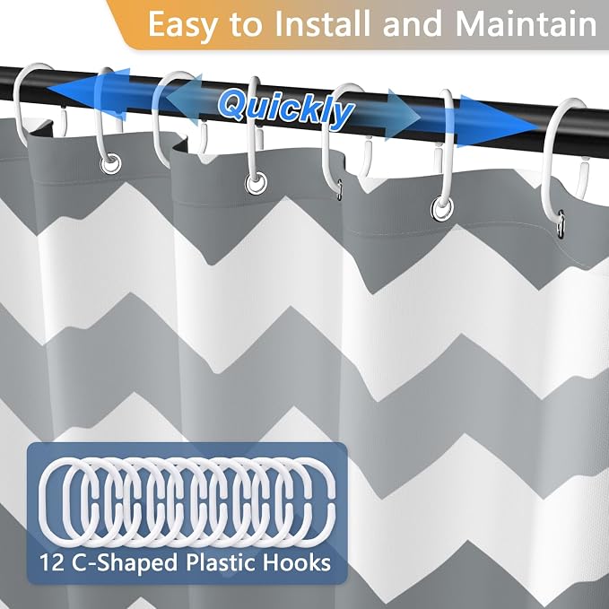 Grey Yellow Striped Shower Curtain, Chevron Zigzag Geometric Pattern Shower Curtains for Bathroom with Hooks, Hotel Style Waterproof Polyester Fabric Shower Curtain Set, Weighted Hem, 72x72 Inch