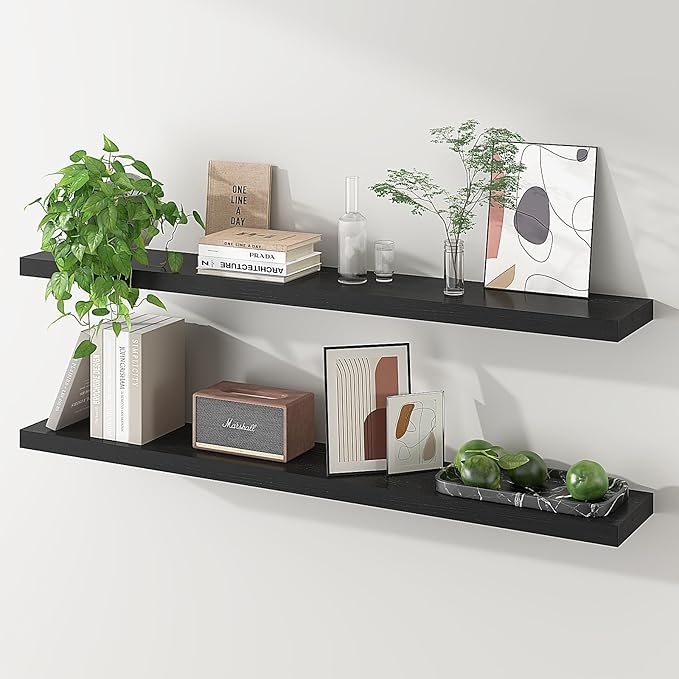 SAUMONIERES 48 Inch Floating Wall Shelves for Bedroom Bathroom Wall Mounted Solid Wood Shelf Storage Decor Set of 2, Black Floating Shelves
