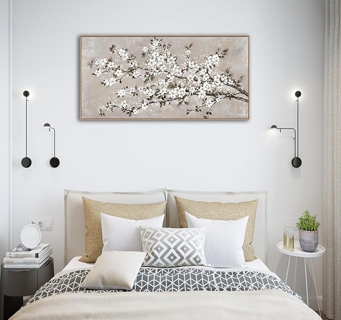 VEAEE White Blossom Branches Wall Art, Floral Canvas Prints, Living Room Decor Abstract Flowers Painting Canvas Pictues, Contemporary Artwork Bedroom Office Kitchen Wall Decor Ready to Hang 20"x40"
