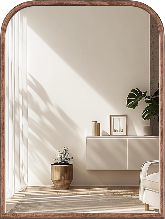 30"x40" Arch Wall Mirror Bathroom Mirror for Wall Mounted, Tempered Glass, Wood Grain Finish Frame Wall Mirror Decorative for Bedroom Living Room Entryway