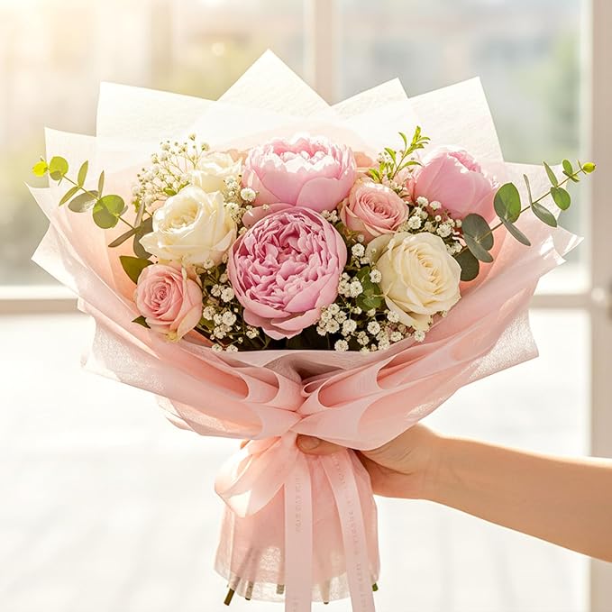 70 Sheets Flower Wrapping Paper, Cotton Wrapping Flower Paper Withdrawable Pleated Bouquet Wrap, 11"x 11" Waterproof Non-Woven Fabric for Fresh Flowers Gift Packaging Florist Supplies (Beige, Pink)