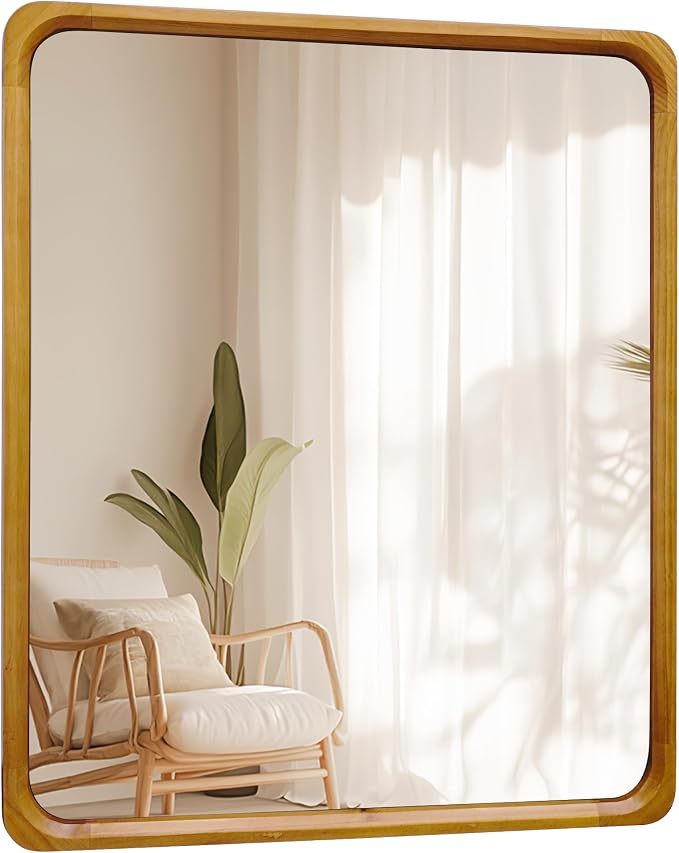 Tanmicoshomy Natural Wood Bathroom Mirror 30 x 36 Inch, Rectangle Mirrors with Tempered Glass for Living Room Bedroom or Entryway